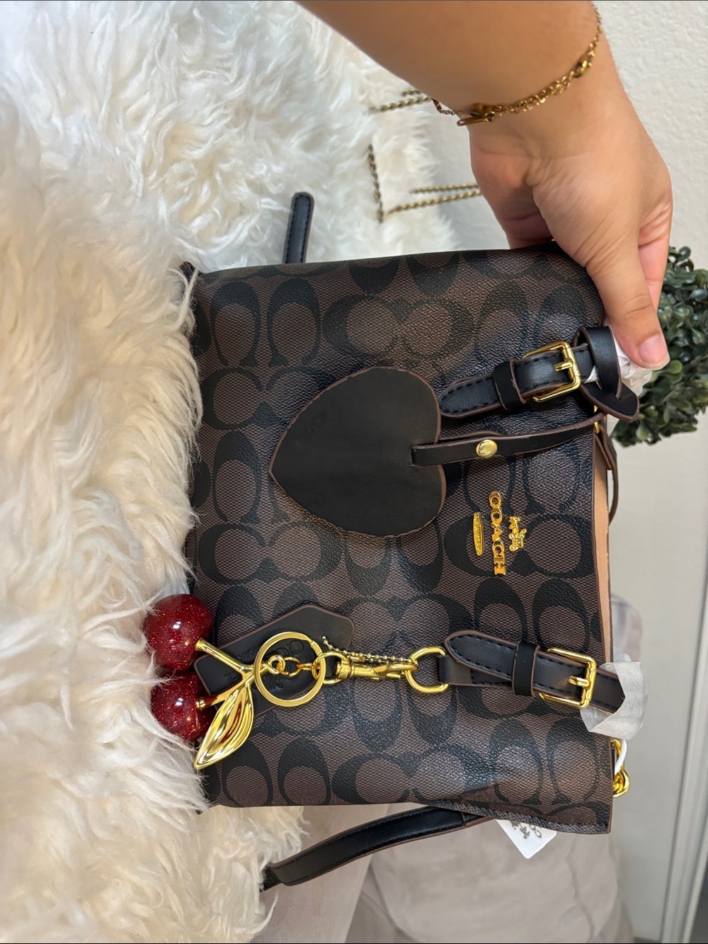Brown Signature Canvas Shoulder Bag with Heart Charm